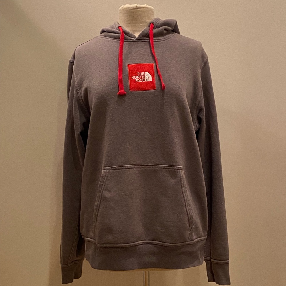The North Face Gray Sweatshirt w Pocket /Red Logo & Hood Interior/ Unisex L